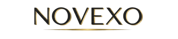 The brand name 'NOVEXO' is displayed in a clean, black serif font with a subtle gold gradient highlight, centered on a solid white background.